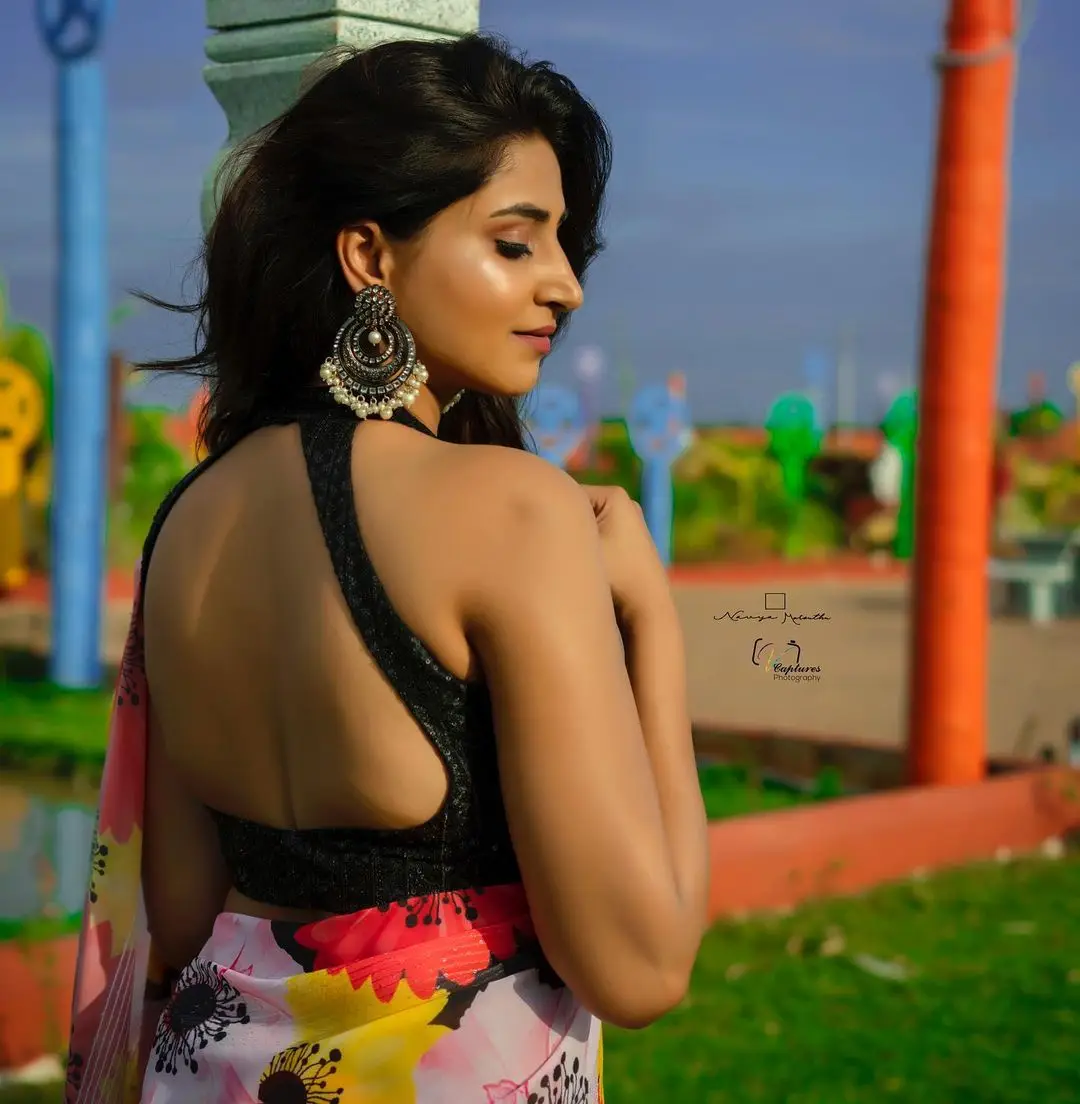 Varshini Sounderajan Wearing Yellow Saree Black Sleeveless Blouse